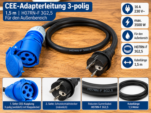 Cee adapterkabel schuko - cee, 1,5m